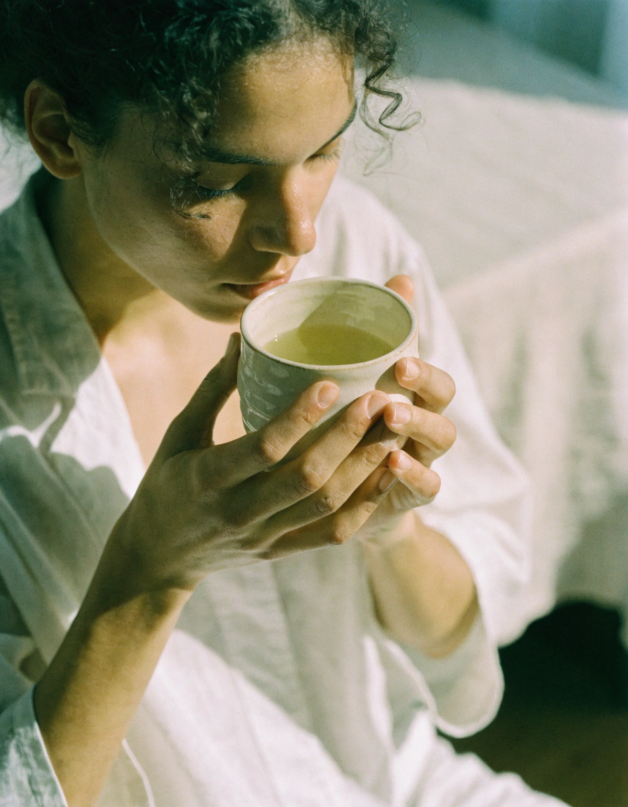 Ritual de limpieza matutina — taza con infusión caliente sobre superficie de madera